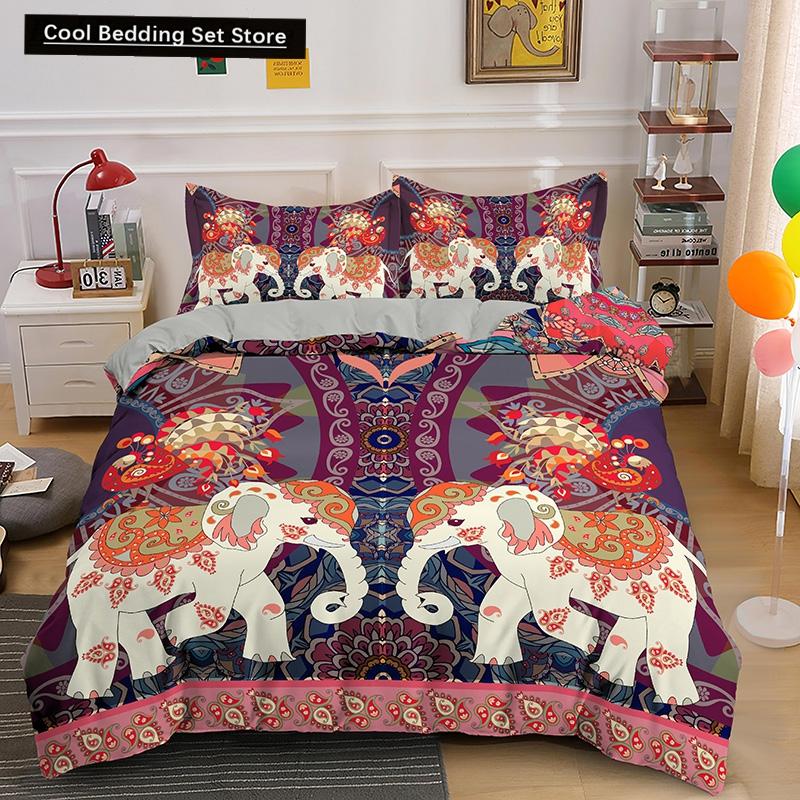 Bohemian Elephant Bedding Sets Queen King Size Colorful 2/3Pcs Duvet Cover Boho Psychedelic Indian Mandala Polyester Quilt Cover