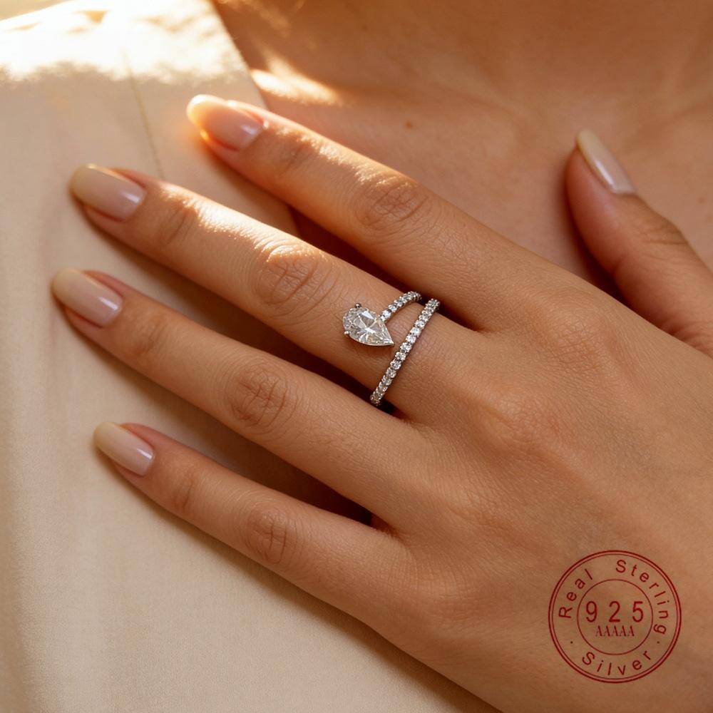 Pear Cut Moissanite Ring | 925 Sterling Silver 1CT D Color VVS1 | Stackable Halo Engagement Wedding Bands for Women