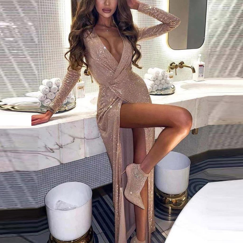 Women's Solid Color V-neck Shiny Sexy Dress Slim Long-sleeved Dress Long Dress