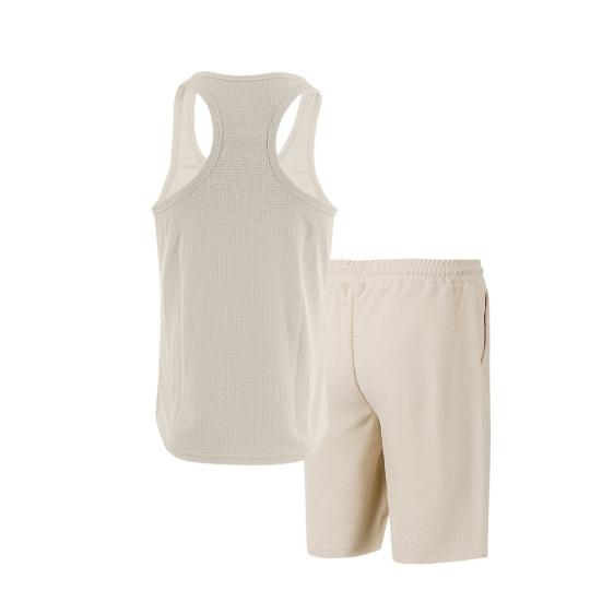 2 шт./компл. Мужская спортивная одежда из вафельной ткани, однотонный жилет без рукавов с круглым вырезом и эластичной талией, широкие шорты, повседневная одежда