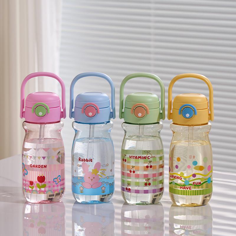 Water bottle summer cartoon portable straw cup transparent large capacity anti-scalding plastic cup children and students outdoor portable