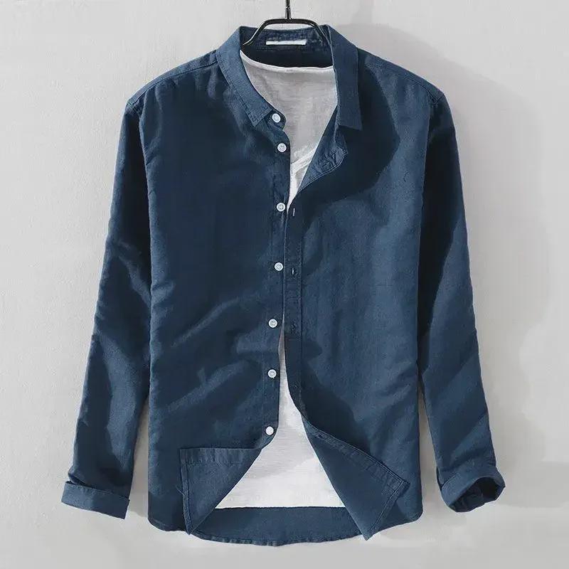 Men's Breathable White Long-Sleeved Slim-Fit Linen Shirt with Sun Protection