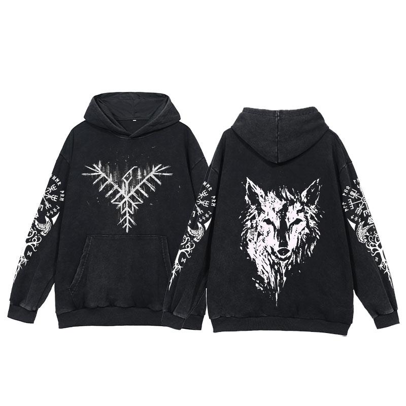 2024 Viking Hoodies Men Tattoo Print Acid Wash Hoodie Cotton Loose Long Sleeve Pullover Vintage Oversized Casual Hooded Sweatshi