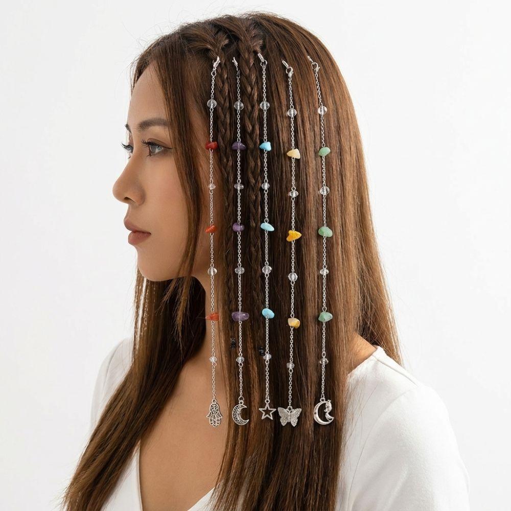 Star Butterfly Moon Pendant Braided Hair Jewelry Acrylic Stone Bead Hair Ring  Ethnic Style