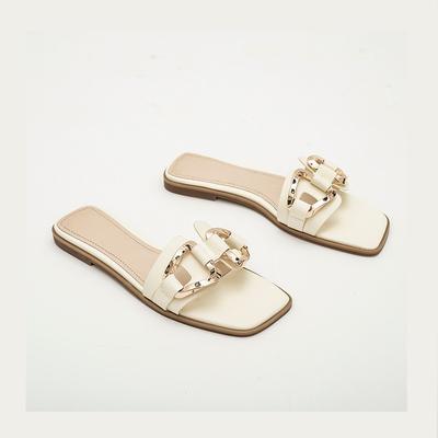 Мода Новый Стиль Мода Женские Шлепанцы Квадратный Носок Цепочка Шлепанцы Плоские Шлепанцы Пляжные Шлепанцы Металлическая Отделка Повседневная Обувь