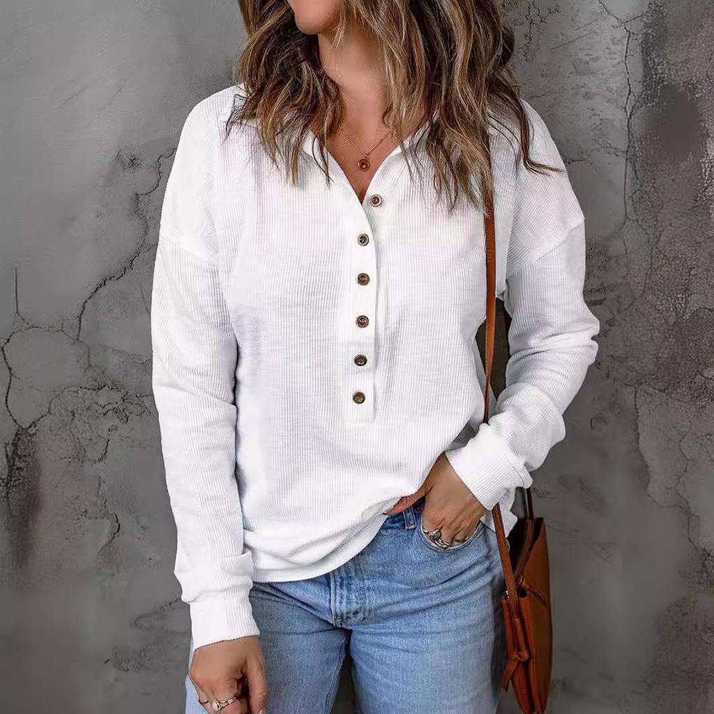 Autumn and Winter Solid Color Knitted Shirt Single breasted Flip Collar Loose Casual Top Women's Pullovers & Long Sleeves