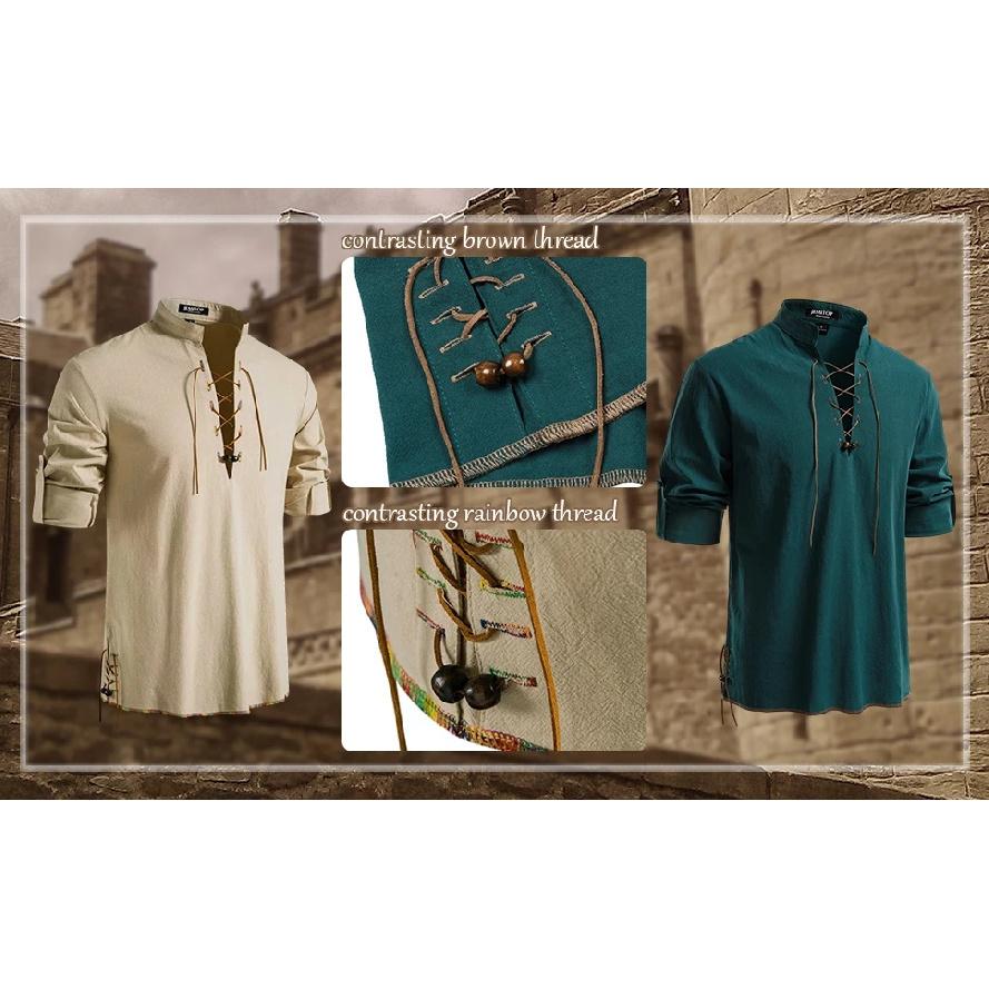 JEMITOP Men's Pure Cotton Retro Lace Up Shirts for Renaissance Pirate Medieval Viking