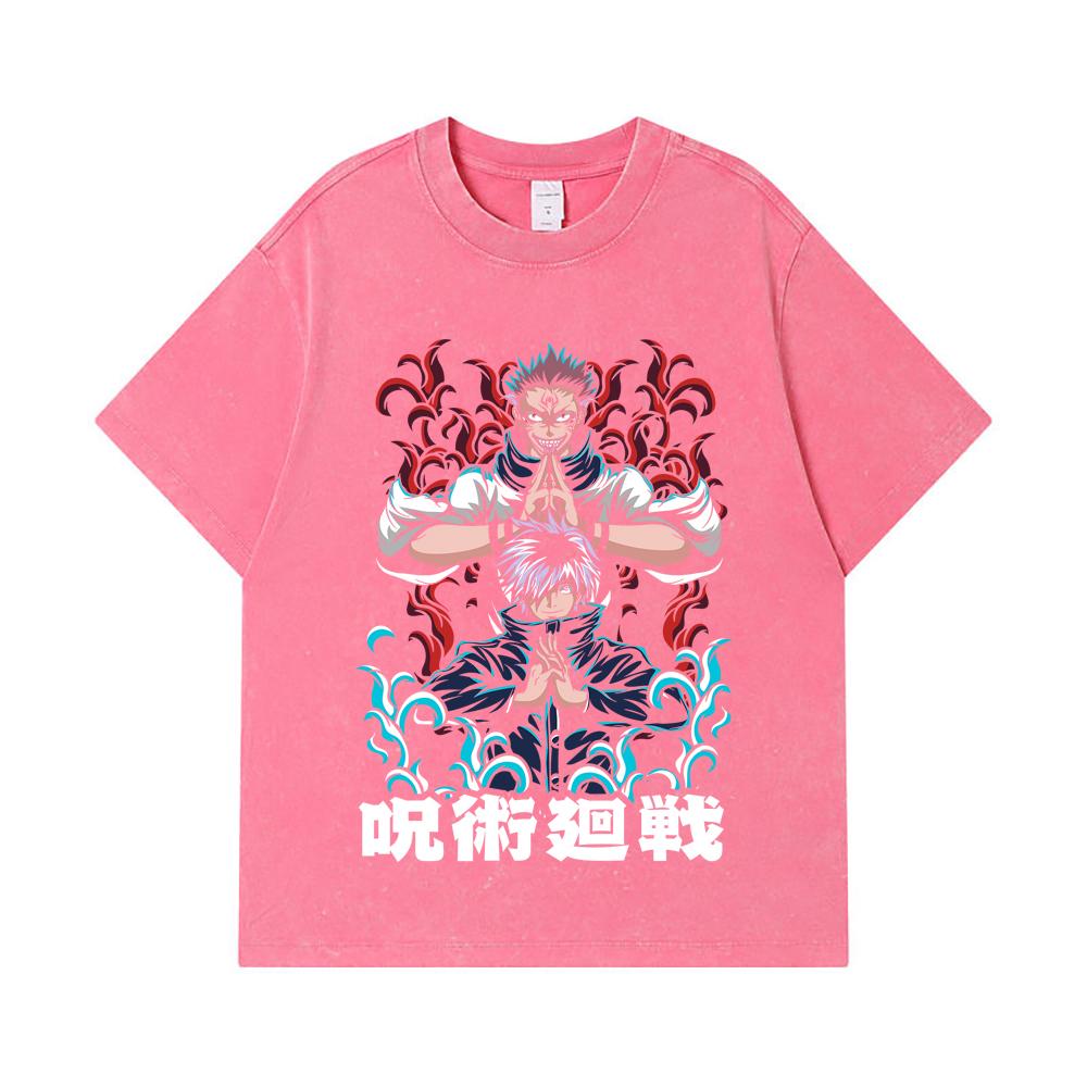 275 GSM Washed T-shirts 100% Cotton Jujutsu Kaisen V49 Gojo Sukuna Print Unisex Heavy Cotton T Shirt