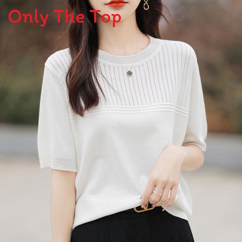Ice Silk Short Sleeve T Shirt With Knitted Hollow Design For Summer Casual Women
