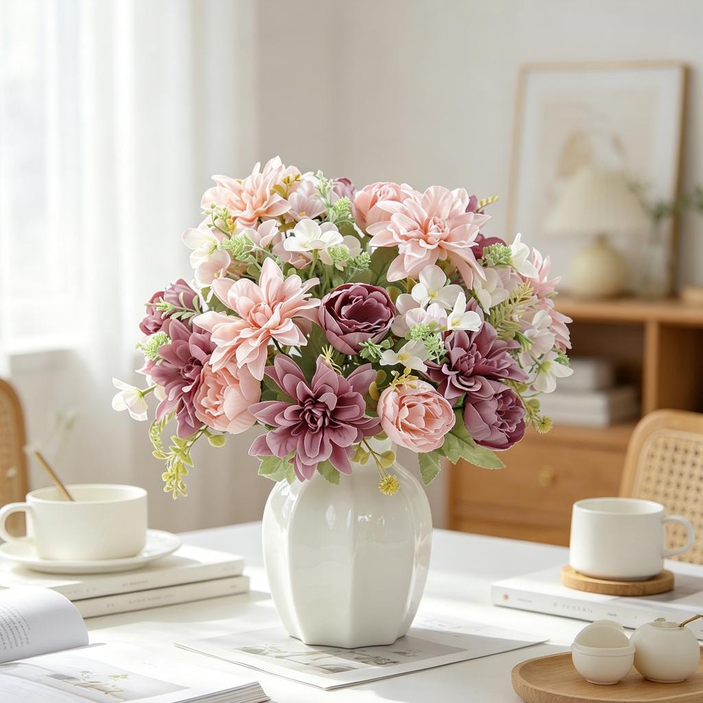 Artificial Flowers Silk Dahlia Peony High Quality Festival Wedding Wreath Bridal Bouquet Home Room Dining Table Diy Gift Decora