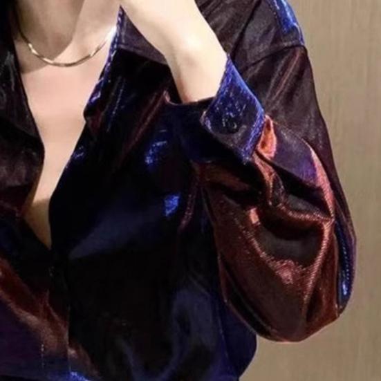 Мужская рубашка с отложным воротником, свободная, глянцевая, однобортная, с длинным рукавом, для клуба, вечеринки, повседневная, официальная рубашка