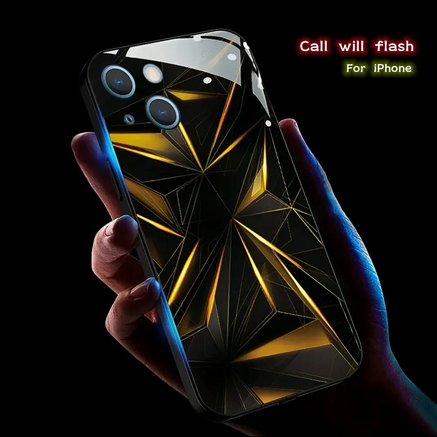 Геометрия LED Светящийся Чехол для Телефона Для iPhone 16 15 13 Pro 12 Mini 14 Plus 11 XS Max X XR 8 7 Роскошный Схематичный Звонок Светящийся Корпус
