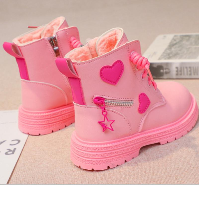 Короткие ботинки для девочек Детские короткие ботинки Кожаные ботинки Love в британском стиле Одинарные ботинки Теплые ботинки для девочек из бархата