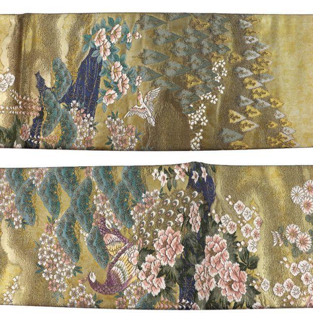 Used Fukuro Obi, Fukuro Obi, Formal Obi, Formal Obi, Ladies, Pure Silk, Gold, Heavy Feeling, Pine, Peony, Peacock, Length 431cm, Width 31cm, Tailored