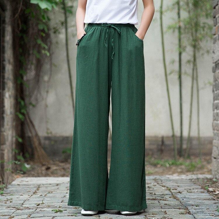 Johnature Solid Color Wide Leg 2021 Spring New Pockets Cotton Linen Women Cloths Pants