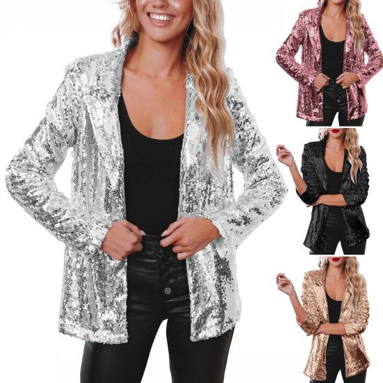 Женский пиджак с пайетками, блестящий пиджак-блейзер с открытой передней частью, вечерний кардиган с длинными рукавами и карманами