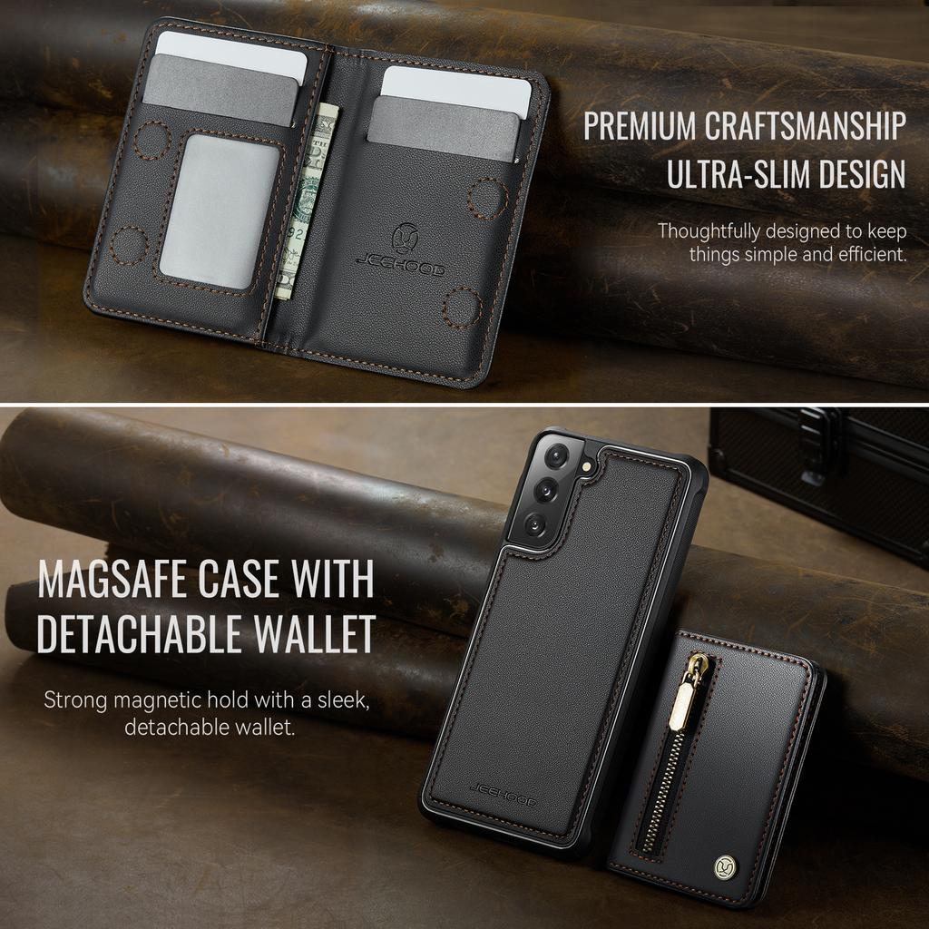 For Samsung Galaxy S21+ 5G Case JEEHOOD J12 Magnetic Detachable Zipper Wallet Kickstand Leather Back Cover Magnetic Case