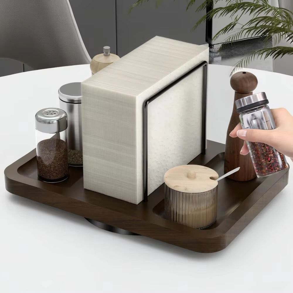 Multi Compartment Rotating Napkin Holder Wooden Seasoning Storage Tray Restaurant