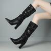 Женские сексуальные сапоги на каблуках до колена с острым носком 2024 года, новые повседневные гладиаторские туфли, трендовые дизайнерские элегантные массивные женские туфли