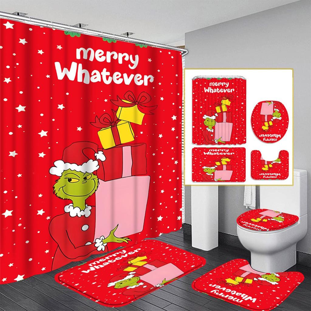 Рождественский узор с зелеными волосами Набор из четырех предметов для занавески для душа с 12 крючками Полиэстеровая водонепроницаемая занавеска для душа.