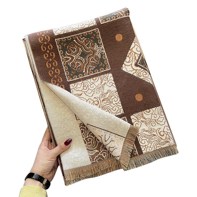 Имитация кашемирового шарфа женский осенне-зимний новый ретро-тотемный платок утолщенный теплый свободный шарф с бахромой