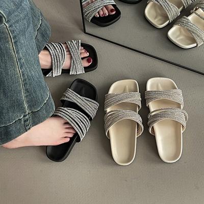 Модные шлепанцы на плоской подошве с горным хрусталем, римские шлепанцы на одно слово, женские летние универсальные повседневные сандалии, квадратный носок, тонкий ремешок, открытый носок, крутые шлепанцы