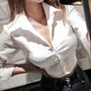 Korean White Cropped Slimming Long Sleeve Shirt for Women