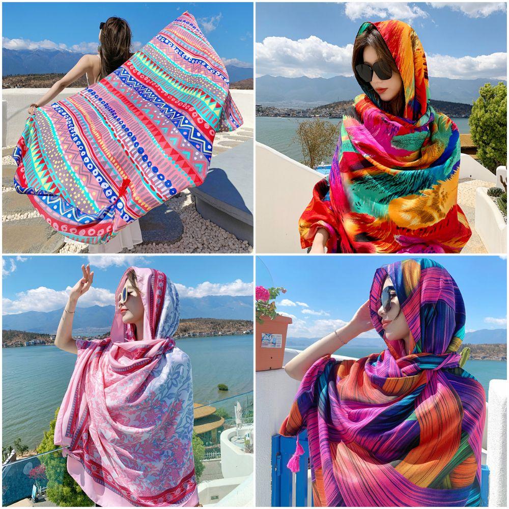 Пляжная шелковая шаль в стиле бохо, тонкая накидка на бикини, шикарный шарф, женская накидка