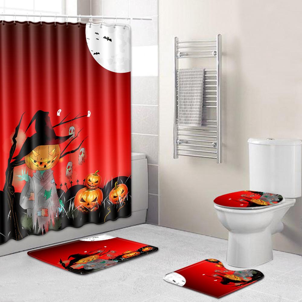 Halloween Shower Curtain Floor Mat Combination Four-Piece Set Bathroom Toilet Carpet Shower Room Foot Mat
