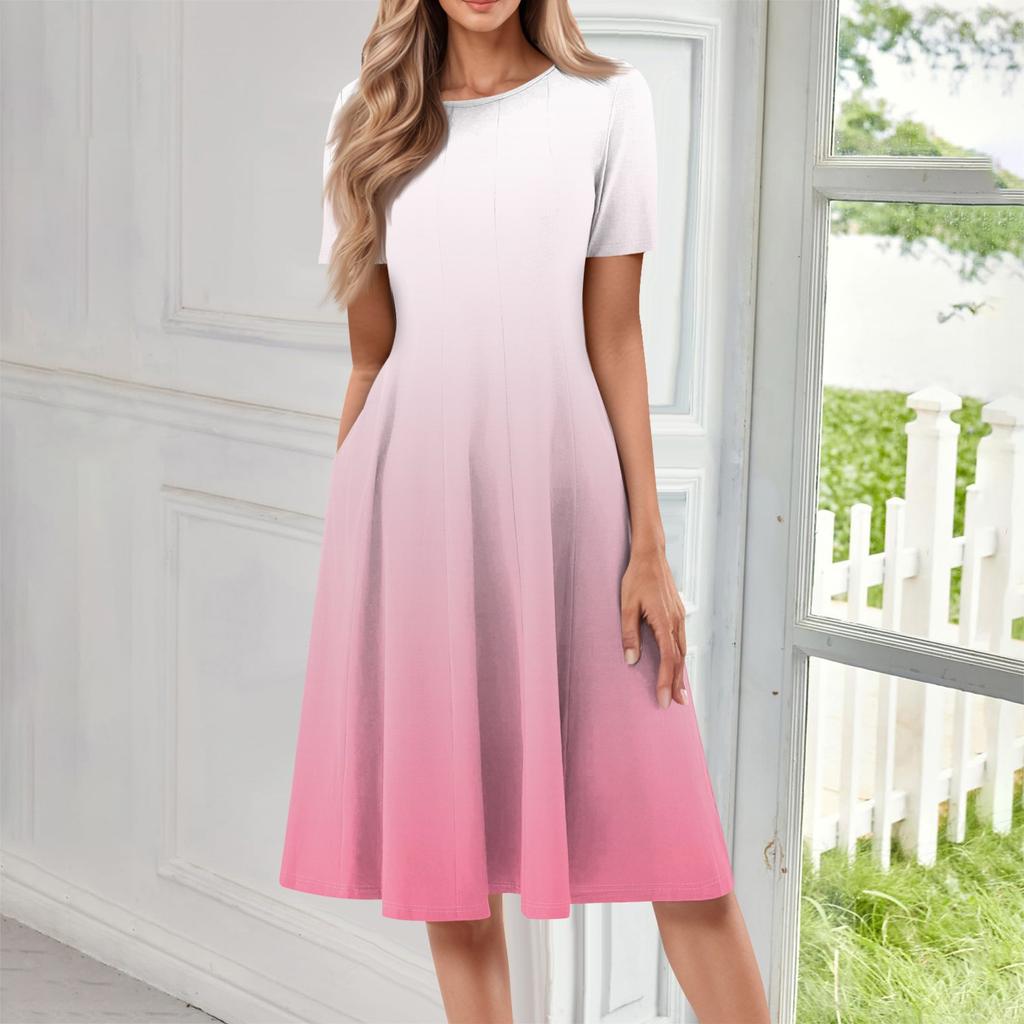 Женское повседневное модное платье с круглым вырезом и коротким рукавом средней длины с градиентом