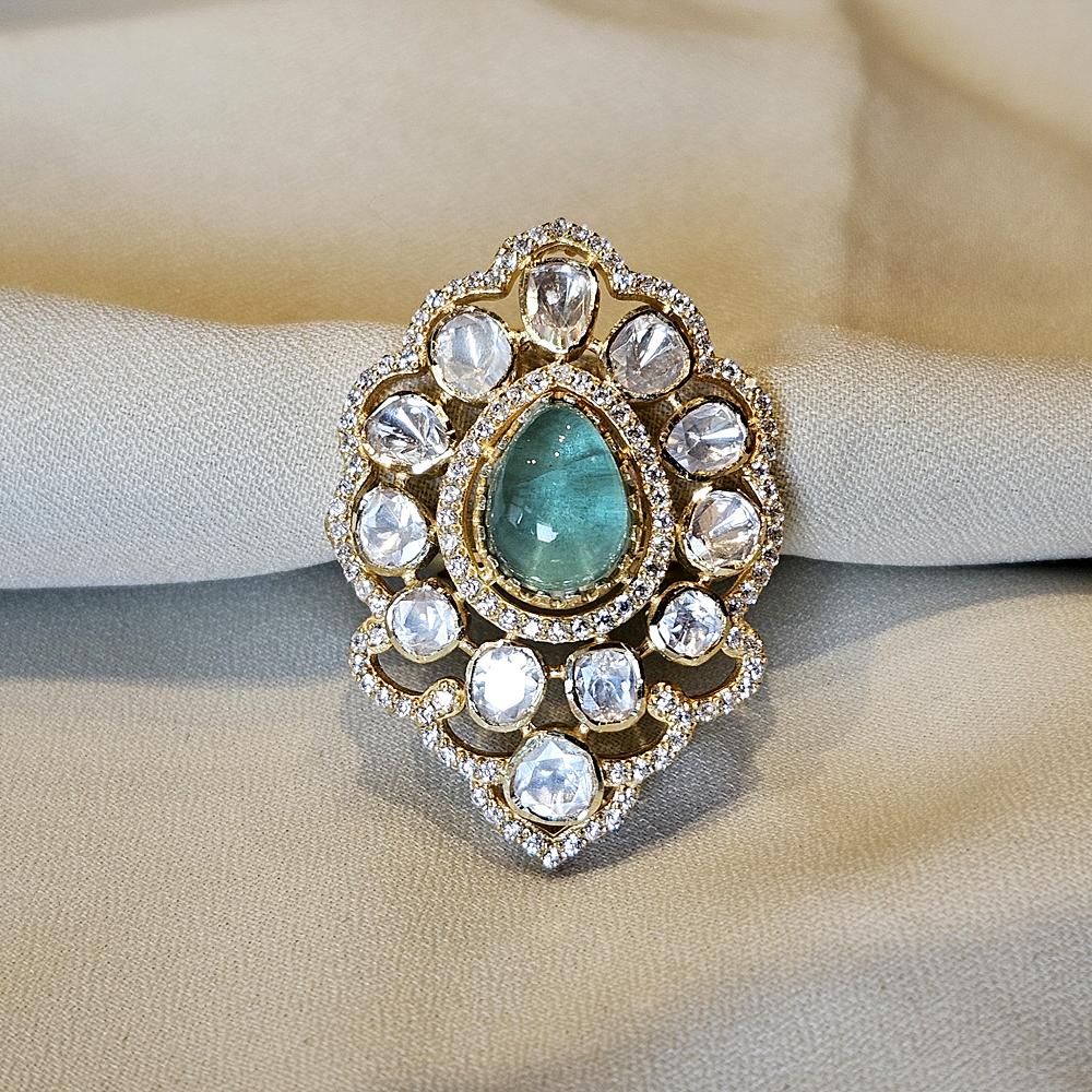 Arisha Silver Gold Plated 925 Sterling Silver Ring, Handmade Kundan Jewelry with Moissanite and Cubic Zirconia for Women, Indian Jewelry, Emerald Ring