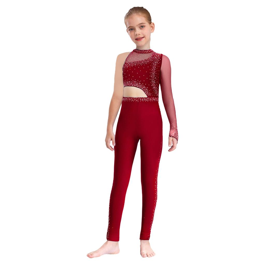 Girls Gymnastics Jumpsuit Sheer Mesh Patchwork Cutout Asymmetrical Design Mock Neck Sparkly Rhinestones Full Body Leotard