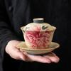 Винтажный огненно-красный фарфоровый чайный набор гайвань с пионом в китайском стиле, керамическая чайная чашка ручной работы