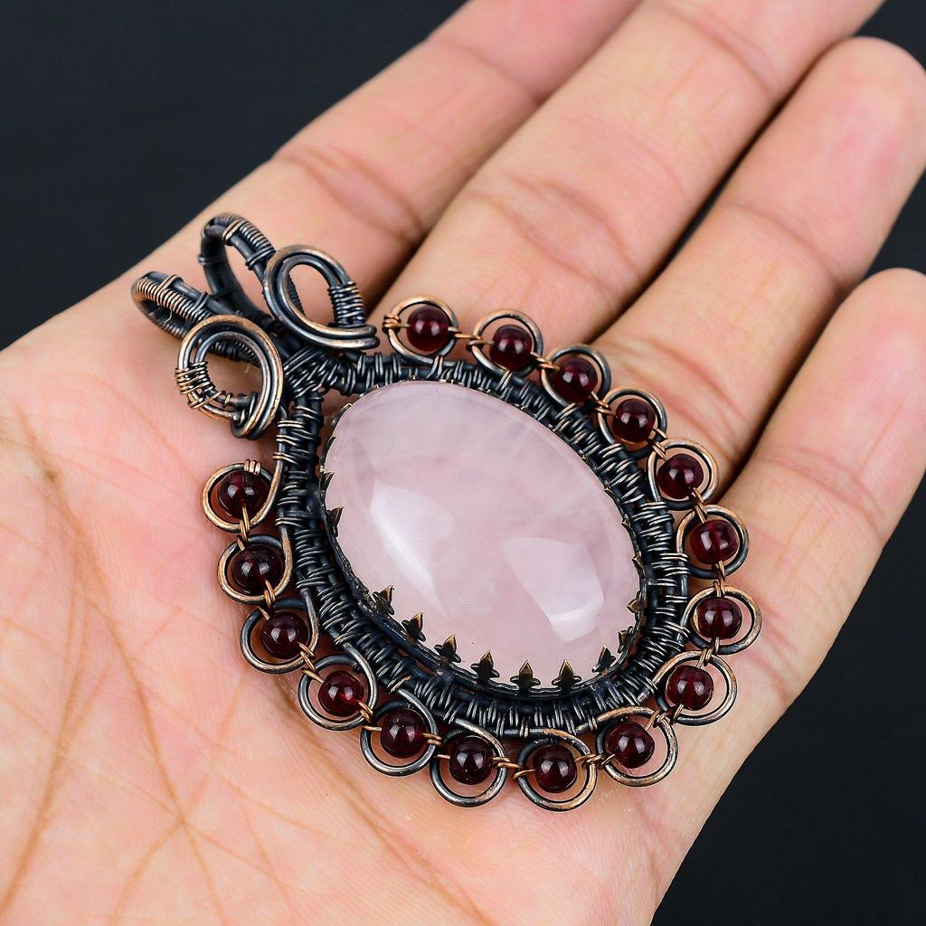 Rose Quartz Gemstone Pure Copper Wire Wrapped Handmade Pendant Jewelry