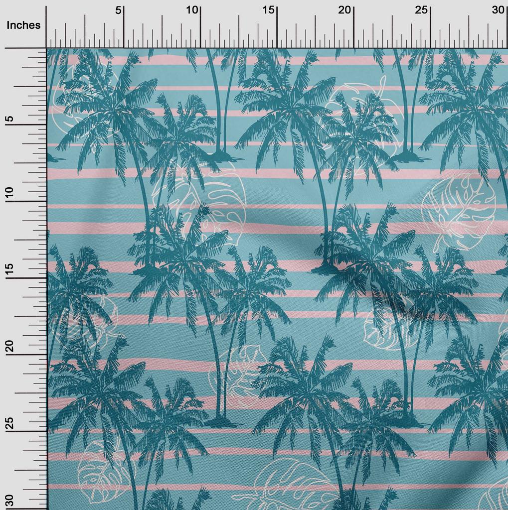 oneOone Cotton Flex Dark Teal Green Fabric Tropical Plam Tree With Stripes Sewing Material Print Fabric By The Yard 40 Inch