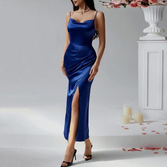 Women's Satin Bodycon Dress Spaghetti Strap Side Slip Long Dress Cowl Neck Sexy Club Midi Dresses for Evening Birthday Party Weddings