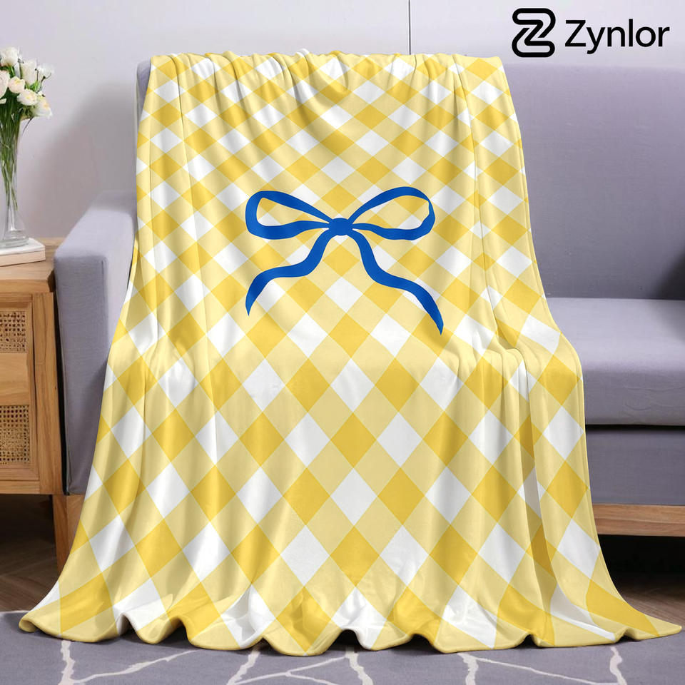 Yellow Plaid Blue Bow Lightweight Microfiber Soft Christmas Fleece Blanket Warm Cozy Throw for Bed Sofa Office Travel All Season