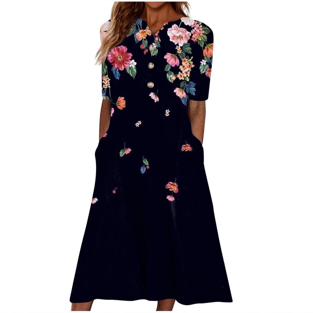 Women's Summer Casual Printed V-Neck Short-Sleeve Swing Dress