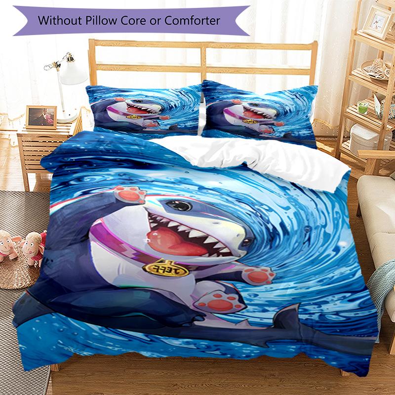 3pcs Jeff the Land Shark pattern bedding set duvet cover set includes duvet cover &pillowcases, perfect all season bedroom decoration & gift