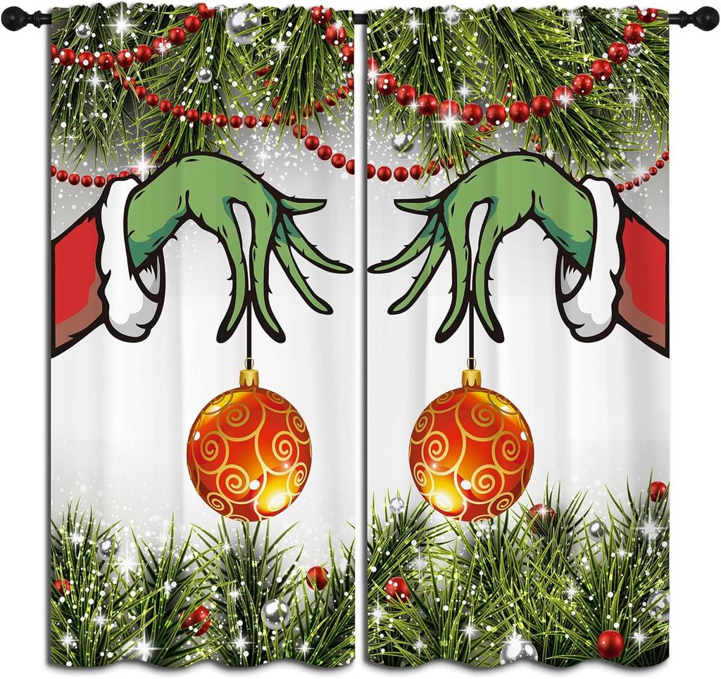 Christmas Rod Pocket Blackout Curtains for Boy Girl Bedroom, Xmas Traditional Winter Fir twigs and Classical Red Balls Energy