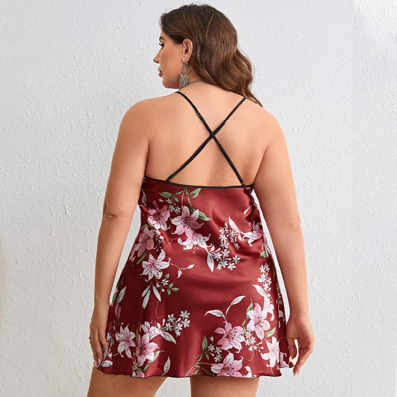 PLUS SIZE Женская ночная рубашка на подтяжках с бордовым принтом, сорочка с цветочным принтом, ночная рубашка, весна-лето, атласная домашняя одежда, одежда для отдыха