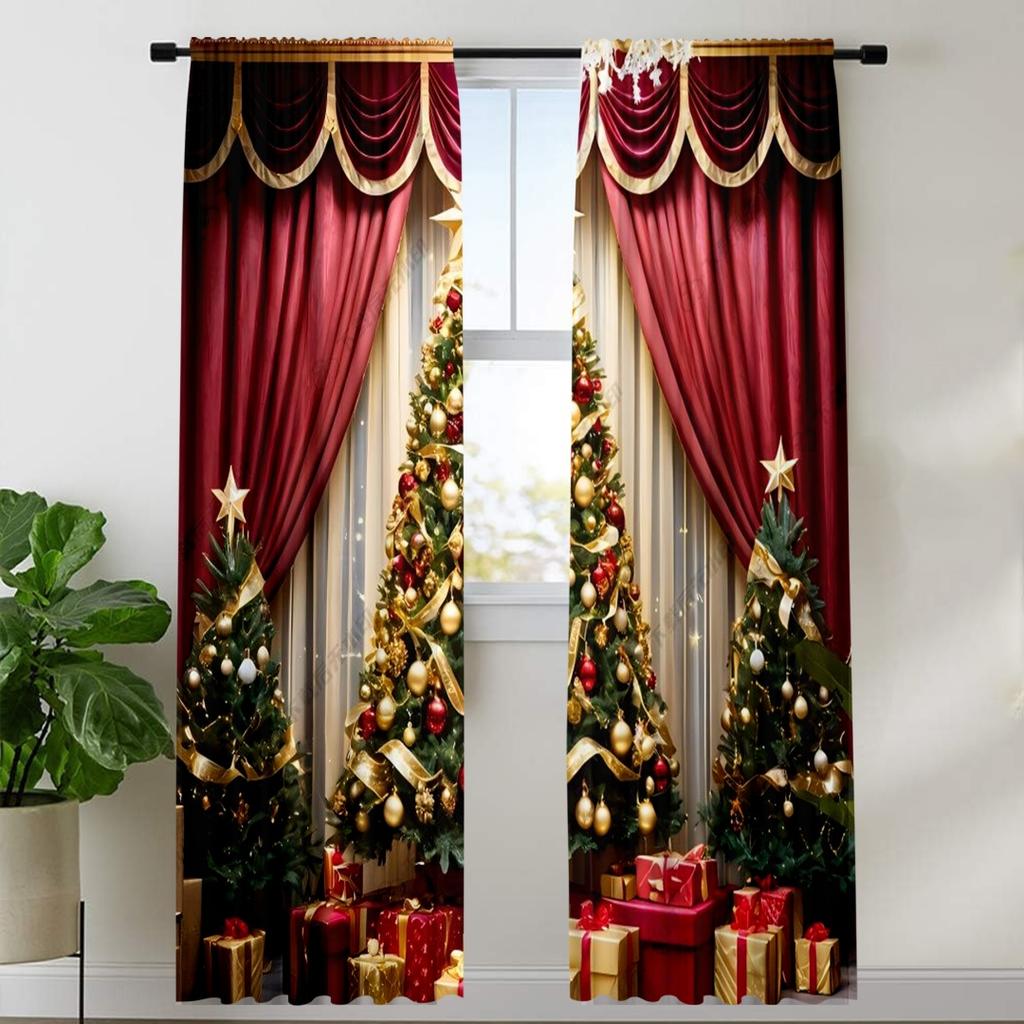 2PCS Merry Christmas Red New Year Gold Ball White Snowflake Light Filtering Curtains for Living Room Bedroom Window Drape Decor