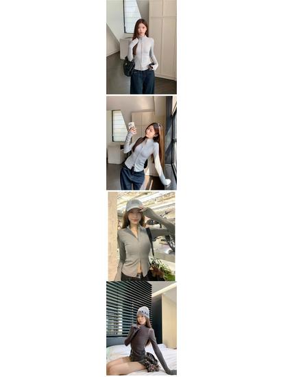 Женская корейская футболка с воротником-стойкой, двойной молнией, облегающего кроя, с длинным рукавом - Осенний шикарный дизайн 2025