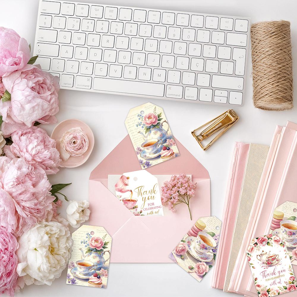 1set 80pcs 4 styles Printed Paper Thank You Gift Tags Rectangle Teacup 7.7x5.1cm Hole: 5mm 20pcs/style