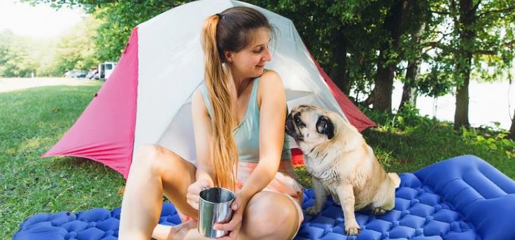 Inflatable tourist trekking mattress for a tent with a pump and a headrest