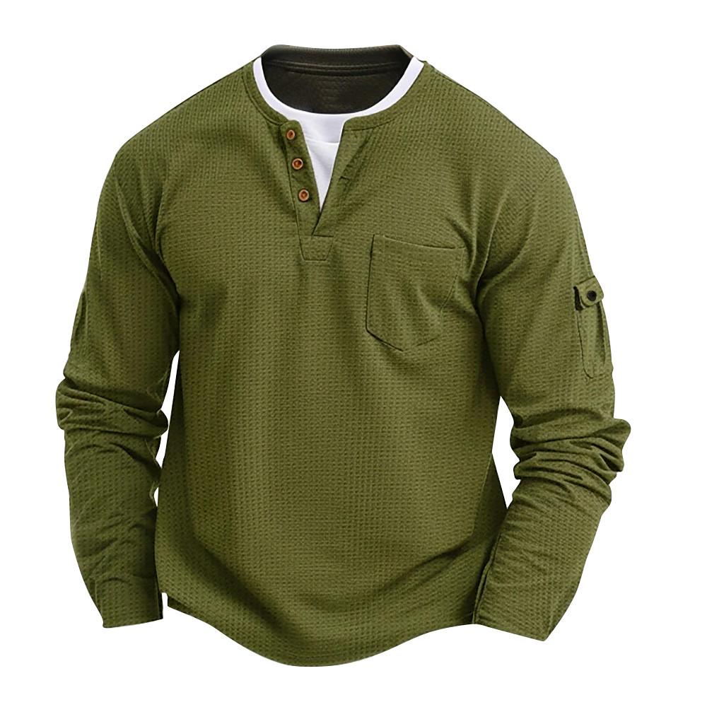 Men's Spring Solid Color Fake Two-Piece Double-Layer V-Neck Pocket Long Sleeve Top