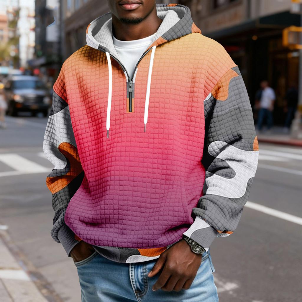 Мужской худи-пуловер в клетку с капюшоном на молнии до середины, со шнурком и принтом, повседневная спортивная толстовка