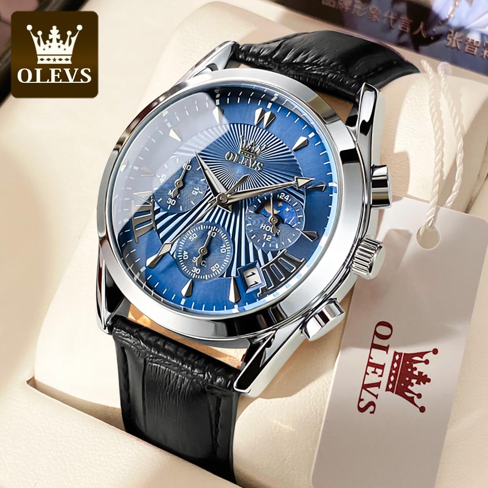 OLEVS 2876 Mens Watch Leather Strap Quartz Watch Waterproof Luminous Moon Phase Multifunctional Chronograph Watches For Men Gift