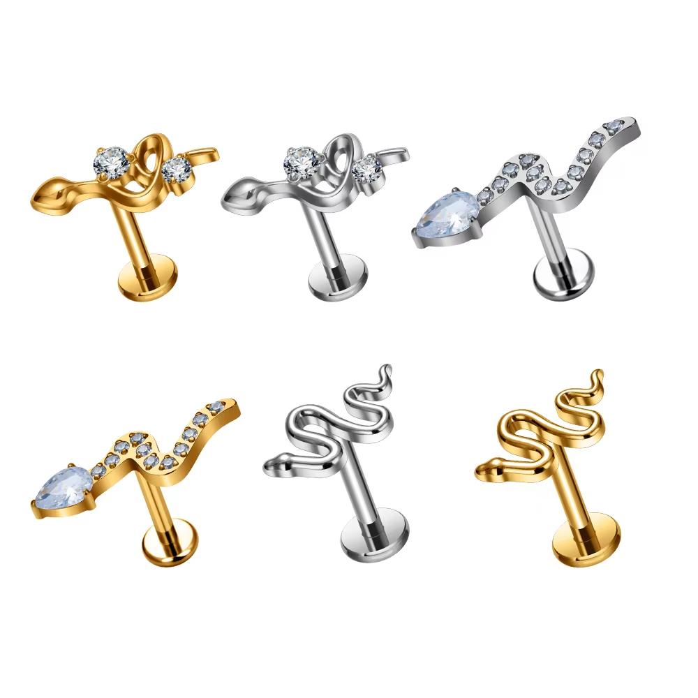 JCJEWELRY ASTM F136 Титан 16G Дизайн Змея Серьги-гвоздики для ушей и носа Трагус Хрящ Хеликс Конч Мочка Уха Женские Серьги Пирсинг Украшения