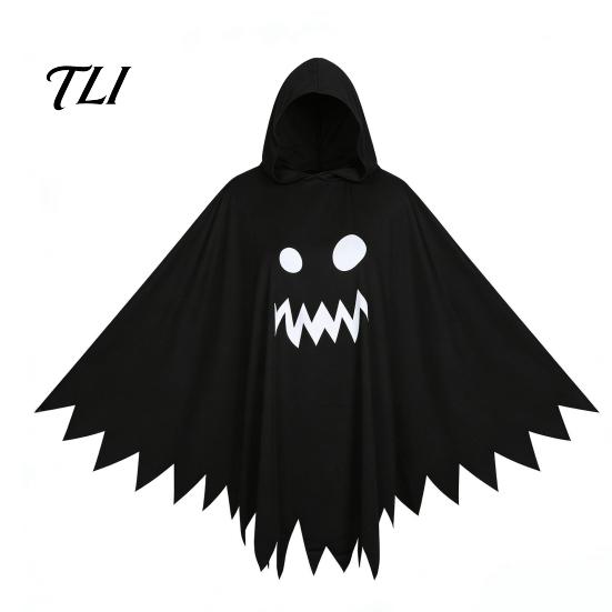 Black And White Ghost Cloak Halloween with Hood, Loose Fit Irregular Hem Costume Party Attire for Cosplay Party, Spooky Pullover Cape Kids Adults